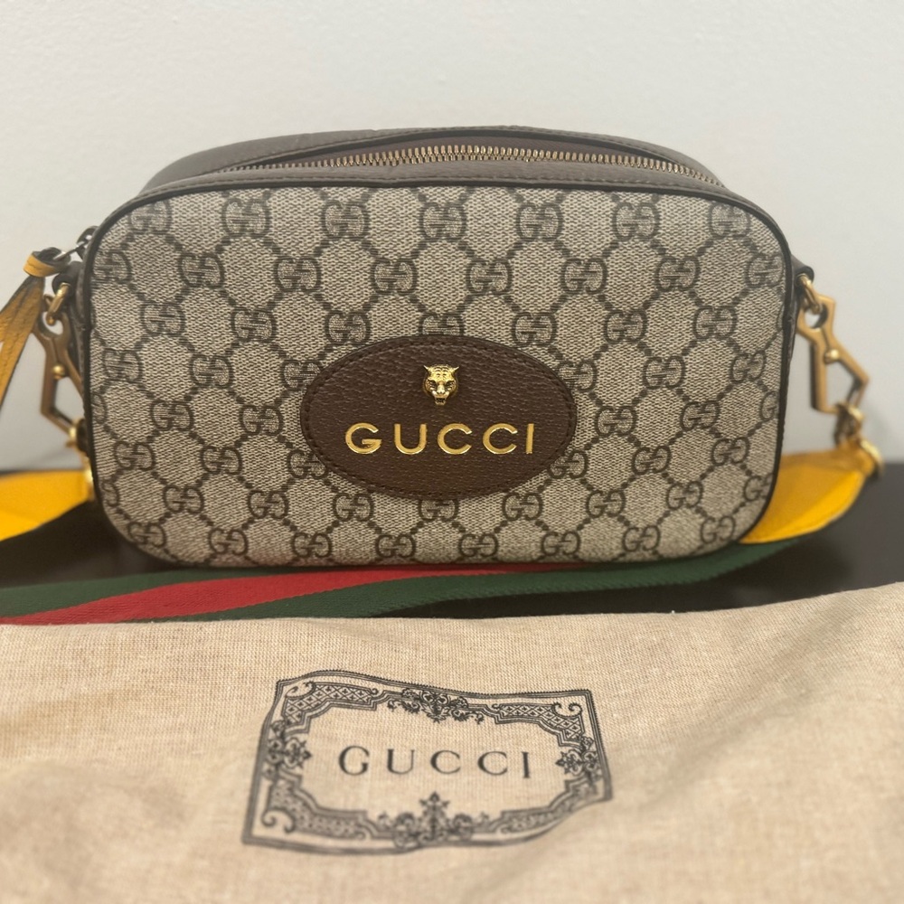 Gucci GG Pattern Camera Bag in Brown and Tan